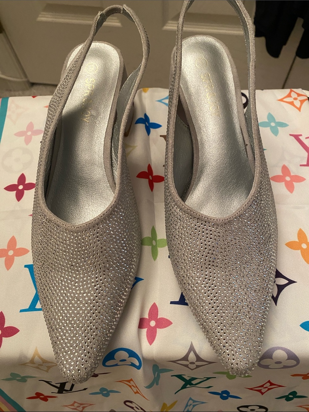 Crystal-Embellished Pointed Slingback Heels in Silver SPR&JOY